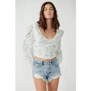 Free People Another Life Blue White Floral Ruffle Puff Sleeve Smocked XS / S